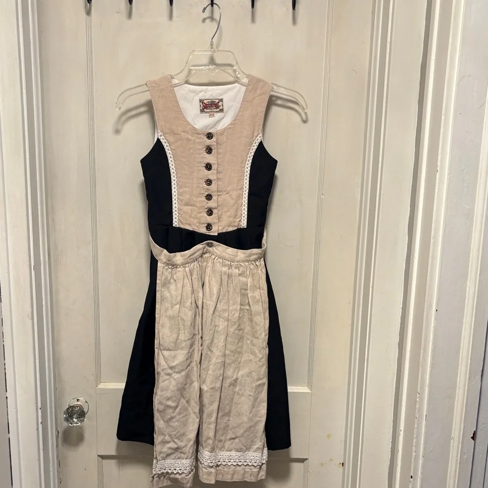 Stockpoint German Linen Charming Beige and Black Kids Dirndl Dress 134/140 9/10